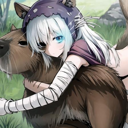 04030-3170874068-best quality, official art, official artstyle, game cg, 1girl, jabberwock, hugging, capybara, bandages, muscular, nice hands.png